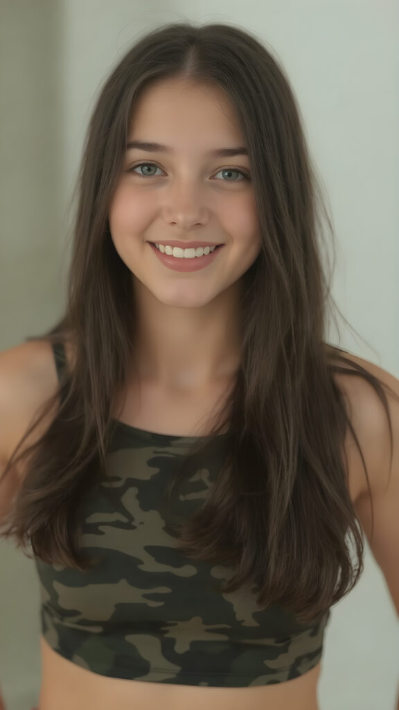 a (((full body image))) of a (((beautiful teen girl, age 15, with straight soft black hair))), showcasing her exquisite (((upper body))), which is perfectly proportioned and commands attention. Her face features delicate yet (((defined cheekbones))) and (((full lips))), with a (((straight, perfect white teeth smile))), that complements her overall look. She's dressed in a (((short, tight, thin silk camouflage top))), that hugs her form, revealing the perfect contours of her body. The scene is (((empty and perfectly proportioned))), allowing for a full-body shot with a (((perfectly proportioned figure))), accentuating her ((stunningly beautiful upper body). (((Her poise is (((dynamic and inviting))), with her head tilted back slightly, showing off her (perfect teeth) and capturing attention to detail.)))