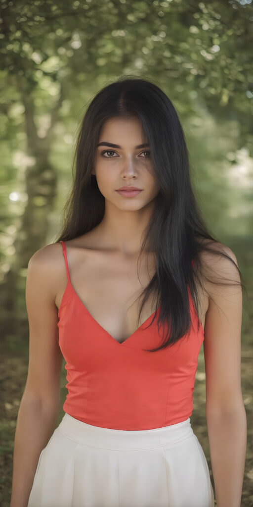 a (((full body shot))) of a (((stunning and gorgeous))) teen girl, with sleek and flowing (((black hair in loose wavy long hair style))), dressed in a (((bright red fitted top with a low V-neck))), and ((white skirt)), that perfectly complements her pale skin. Her features are subtle yet striking, with slightly parted (((pale lips))), and (((adorable eyes))), that give her an air of sophistication. She exudes confidence and poise amidst a (((green forest))), under a (((softly glowing canopy))) that provides a hint of shade. The backdrop is further accentuated by (softly diffused light) that highlights her features and the contrast they provide against the natural world