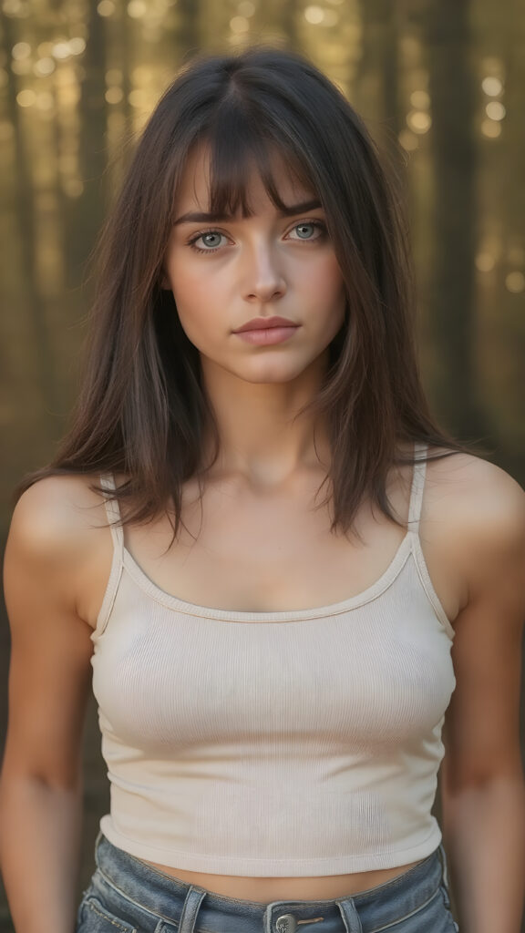 a (((full body shot))) of a (((teen girl))) with a slightly (((skinny but athletic build))), obsidian-black soft straight hair that extends past her shoulders, she has pouting lips and a serene expression, wearing a natural colored cropped tank top and a tight jeans that flatters her shape, she has a soft outlook on her eyes, the background is a misty forest with golden highlights, casting a warm and inviting glow on her face and skin, creating a serene and welcoming atmosphere