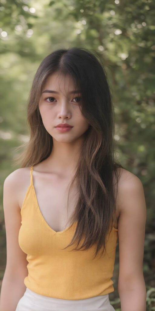 a (((full body shot))) of a (((stunning and gorgeous))) Japanese teen girl, with sleek and flowing (((hair in loose wavy long hair style))), dressed in a (((bright yellow fitted tank top with a low V-neck))), and ((white skirt)), that perfectly complements her pale skin. Her features are subtle yet striking, with slightly parted (((pale lips))), and (((adorable eyes))), that give her an air of sophistication. She exudes confidence and poise amidst a (((green forest))), under a (((softly glowing canopy))) that provides a hint of shade. The backdrop is further accentuated by (softly diffused light) that highlights her features and the contrast they provide against the natural world