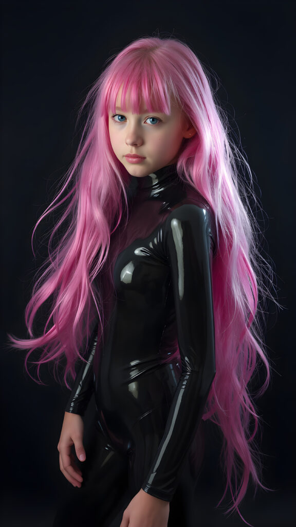 a (((full body shot))) of a (((young girl))) with (((long, flowing pink hair))), and (((vividly pink-dyed locks))), dressed in a (((shiny, sleek black latex catsuit))) that reflects the light in a (vivid, luxurious, high-quality backdrop), her expression slightly turned towards camera, as if looking at the viewer, all against a dark backdrop, perfect light ans shadows