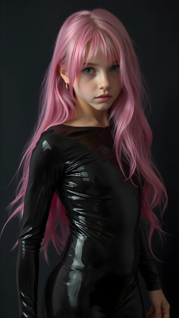 a (((full body shot))) of a (((young girl))) with (((long, flowing pink hair))), and (((vividly pink-dyed locks))), dressed in a (((shiny, sleek black latex catsuit))) that reflects the light in a (vivid, luxurious, high-quality backdrop), her expression slightly turned towards camera, as if looking at the viewer, all against a dark backdrop, perfect light ans shadows