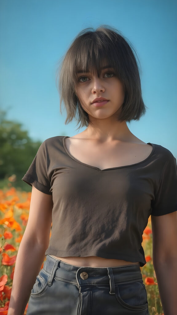 a (((full body view))) of a (((teen girl))) with ((black thick, straight soft hair)) that convey a sense of warmth and vitality, dressed in a ((low-cut, fitted T-shirt)) that accentuates her mature yet youthful figure, paired with ((realistic looking, high-resolution skin texture)) that adds a touch of realism to this captivating composition. She's standing in a ((sunny poppy field)), with a ((clear blue sky)) providing a picturesque backdrop for this stunning popstar. ((FULL LENGTH HEAD TO FEET BODY SHOT)) (((FULLY CLOTHED in black t-shirt and short denim jeans))) (((in a natural, warm and cozy lighting))) (((no gore, soft look)))