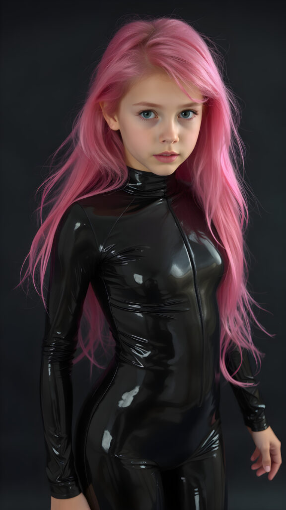 a (((full body shot))) of a (((young girl))) with (((long, flowing pink hair))), and (((vividly pink-dyed locks))), dressed in a (((shiny, sleek black latex catsuit))) that reflects the light in a (vivid, luxurious, high-quality backdrop), her expression slightly turned towards camera, as if looking at the viewer, all against a dark backdrop, perfect light ans shadows