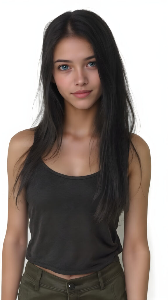 a (((full body portrait))), featuring a (((nice-looking young girl))) with flowing black hair and (((piercing blue eyes))), dressed in a sleek (((tank top))) in a camouflage pattern, paired with classic (((short cargo pants))), posed confidently with a warm smile directed at the viewer. The scene is set against a (green backdrop) that complements the advanced lighting and advanced post-processing techniques, resulting in a masterfully advanced digital painting that embodies high detail and high quality, representing a timeless art style that exudes elegance and charm. She is the perfect embodiment of youthful beauty, with advanced lighting techniques and advanced digital painting techniques, showcasing every detail of her face and body in the highest level of detail and clarity. ((Straight hair)) ((Full body shot)) (((High-res, ultra-realistic image with intricate details))) ((perfect hands)) with long, flowing fingers and delicate, soft skin.