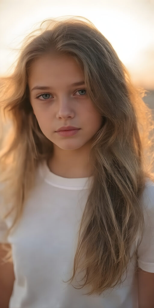 a (((full body portrait))), advanced styling with intricate ((volumetric lighting)), capturing a very beautiful young girl with (long, soft wavy hair) that flows gracefully over her shoulders, framing her face as the sun sets softly in the background, she’s wearing a (white t-shirt) that accentuates her youthful features, including (full lips) and (beautifully sculpted cheeks) that add to her overall allure