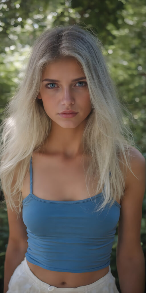 a (((full body shot))) of a (((stunning and gorgeous))) tanned Exotic teen girl, with sleek and flowing (((white hair in loose wavy long hair style))), dressed in a (((bright blue fitted tank top))), and ((white skirt)), that perfectly complements her pale skin. Her features are subtle yet striking, with slightly parted (((pale lips))), and (((adorable eyes))), that give her an air of sophistication. She exudes confidence and poise amidst a (((green forest))), under a (((softly glowing canopy))) that provides a hint of shade. The backdrop is further accentuated by (softly diffused light) that highlights her features and the contrast they provide against the natural world