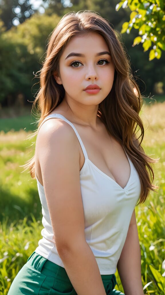 a full body portrait of a (((cute, beautiful, young, chubby, plump lips, big eyes))) ((busty)) teen girl with ((silky smooth, straight long light brown soft detailed hair)) covering her shoulders and upper body. She wears a ((low cut, tight, form-fitting, empty tank top)). All against a sunny green grassy backdrop