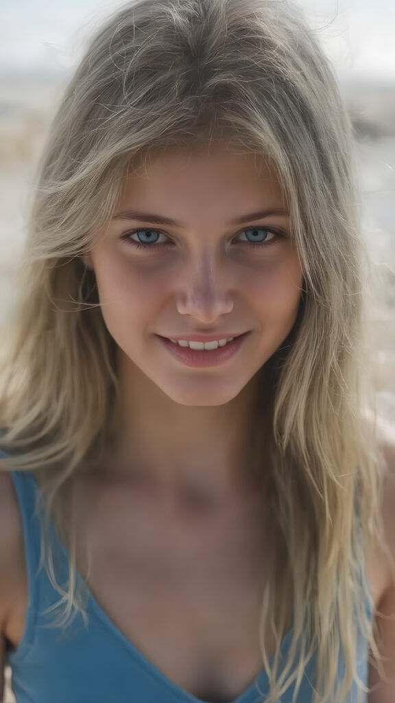 a ((full body snapshot)) from a (((stunning young girl))) with (((soft long summer blond hair))), dressed in a (((blue tank top, deep v-neck))), posing, sunny beach, smile, withe teeth