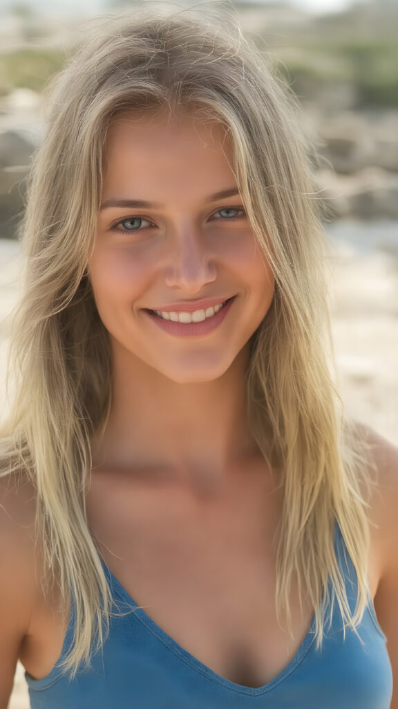 a ((full body snapshot)) from a (((stunning young girl))) with (((soft long summer blond hair))), dressed in a (((blue tank top, deep v-neck))), posing, sunny beach, smile, withe teeth