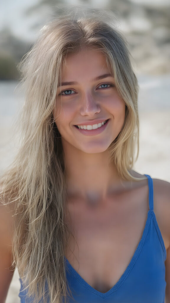 a ((full body snapshot)) from a (((stunning young girl))) with (((soft long summer blond hair))), dressed in a (((blue tank top, deep v-neck))), posing, sunny beach, smile, withe teeth