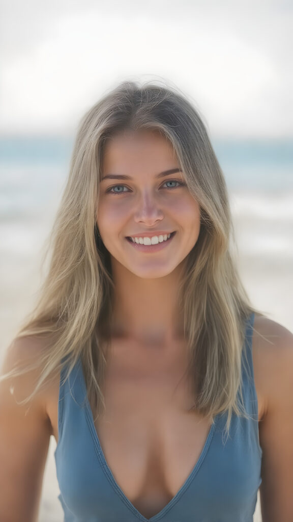 a ((full body snapshot)) from a (((stunning young girl))) with (((soft long summer blond hair))), dressed in a (((blue tank top, deep v-neck))), posing, sunny beach, smile, withe teeth