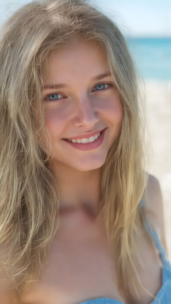 a ((full body snapshot)) from a (((stunning young girl))) with (((soft long summer blond hair))), dressed in a (((blue tank top, deep v-neck))), posing, sunny beach, smile, withe teeth