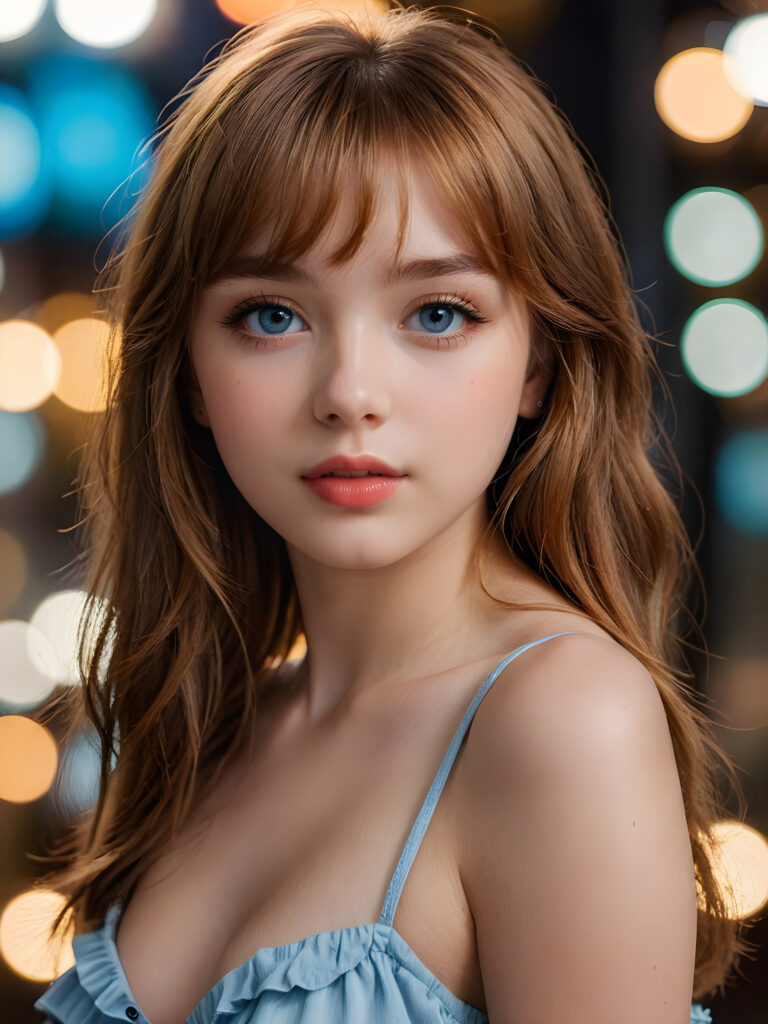 a full body shot of an 17-year-old amateur teen model, showcasing extremely realistic skin textures, glossy lipstick-adorned full lips, a small flawless nose, and golden reddish (((very soft straight)) hair with bangs, big light blue eyes, model engaging the viewer with a dynamic pose under a low key lighting, dark limited palette, utilizing sharp focus, intricate details, ultra-fine photography, wide angle view