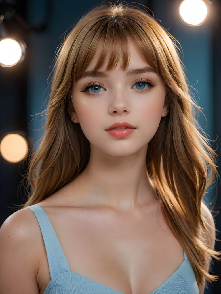 a full body shot of an 17-year-old amateur teen model, showcasing extremely realistic skin textures, glossy lipstick-adorned full lips, a small flawless nose, and golden reddish (((very soft straight)) hair with bangs, big light blue eyes, model engaging the viewer with a dynamic pose under a low key lighting, dark limited palette, utilizing sharp focus, intricate details, ultra-fine photography, wide angle view