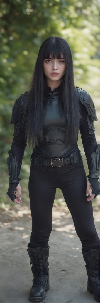 a full body shot of a young female cyborg warrior in tight black armor with long silky black straight hair, short black pants, bangs hairstyle, straight shiny hair, full lips, soft face, long legs, black combat boots, sunny green backdrop