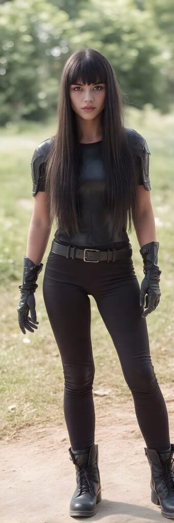 a full body shot of a young female cyborg warrior in tight black armor with long silky black straight hair, short black pants, bangs hairstyle, straight shiny hair, full lips, soft face, long legs, black combat boots, sunny green backdrop