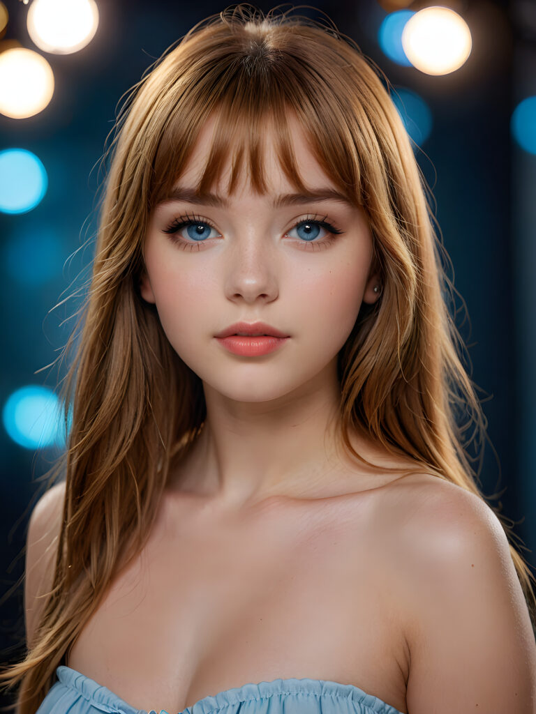 a full body shot of an 17-year-old amateur teen model, showcasing extremely realistic skin textures, glossy lipstick-adorned full lips, a small flawless nose, and golden reddish (((very soft straight)) hair with bangs, big light blue eyes, model engaging the viewer with a dynamic pose under a low key lighting, dark limited palette, utilizing sharp focus, intricate details, ultra-fine photography, wide angle view