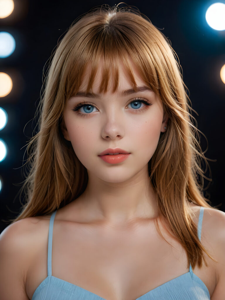 a full body shot of an 17-year-old amateur teen model, showcasing extremely realistic skin textures, glossy lipstick-adorned full lips, a small flawless nose, and golden reddish (((very soft straight)) hair with bangs, big light blue eyes, model engaging the viewer with a dynamic pose under a low key lighting, dark limited palette, utilizing sharp focus, intricate details, ultra-fine photography, wide angle view