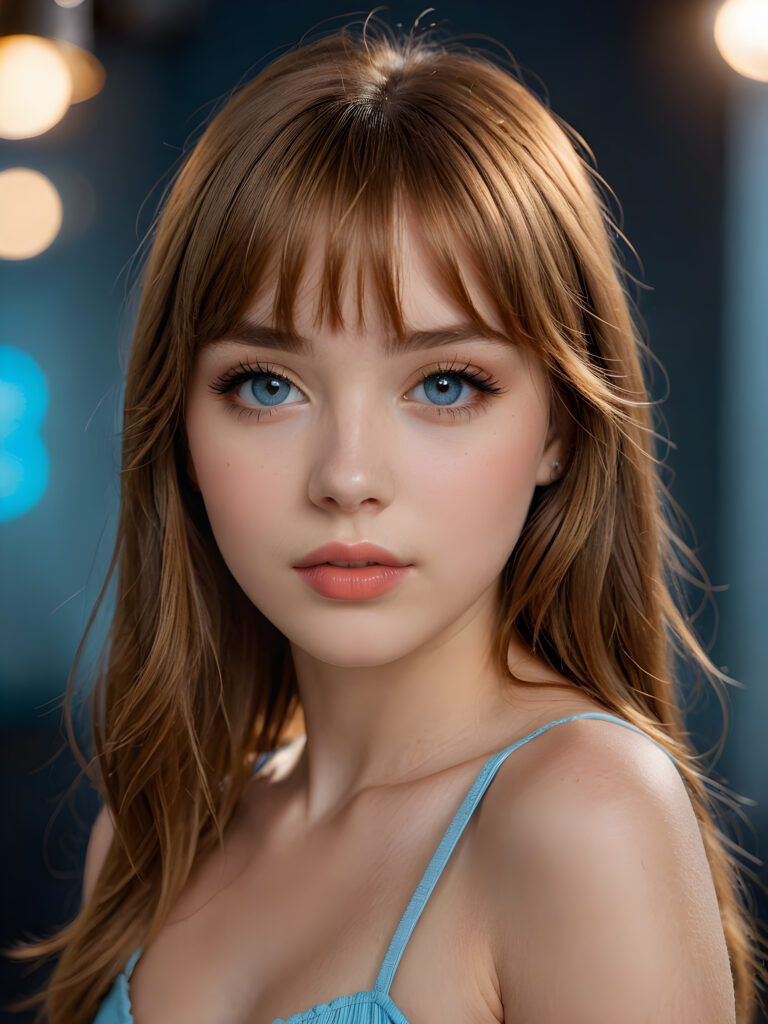 a full body shot of an 17-year-old amateur teen model, showcasing extremely realistic skin textures, glossy lipstick-adorned full lips, a small flawless nose, and golden reddish (((very soft straight)) hair with bangs, big light blue eyes, model engaging the viewer with a dynamic pose under a low key lighting, dark limited palette, utilizing sharp focus, intricate details, ultra-fine photography, wide angle view