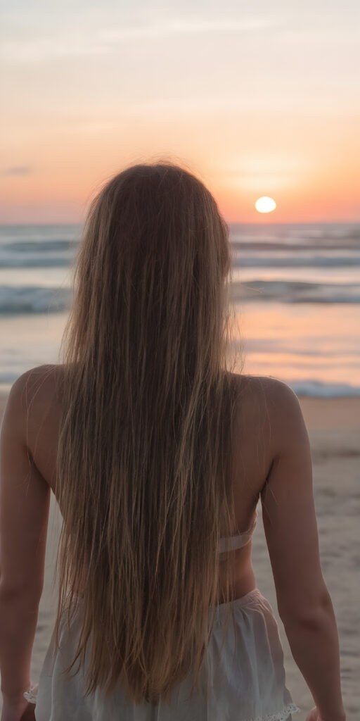 a girl stands on a lonely beach, she enjoy a beautiful sunset and the breaking waves in the background. She has very long straight soft hair, which falls over her upper body, view from the back