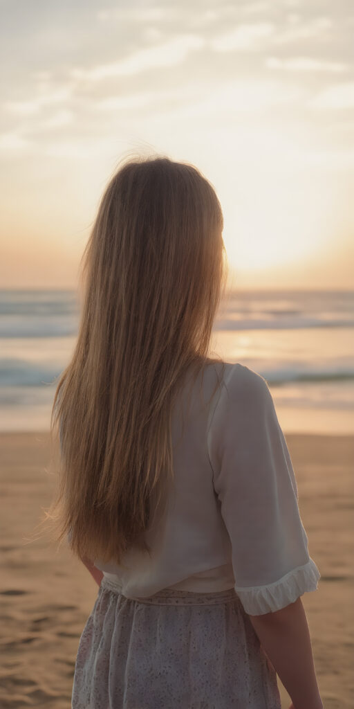 a girl stands on a lonely beach, she enjoy a beautiful sunset and the breaking waves in the background. She has very long straight soft hair, which falls over her upper body, view from the back