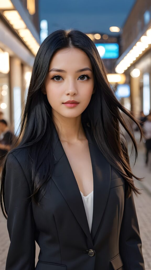 a (((girl with very long, sleek straight black hair))), dressed in a (((thin, elegant suit))), her hair flowing gracefully around her face, capturing a sense of modern sophistication against a minimal backdrop