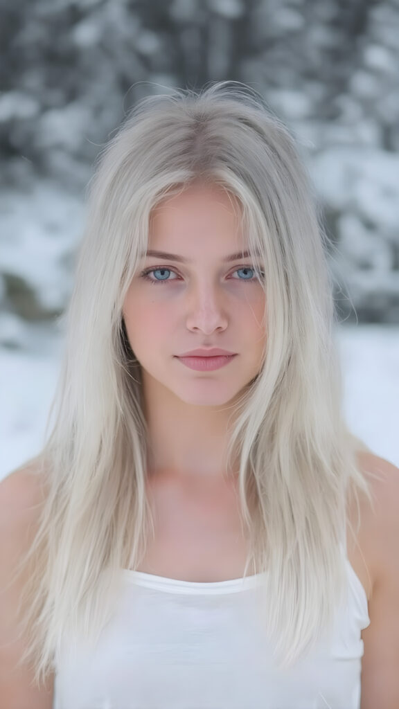 a girl with white soft long straight hair, white dressed in a tank top, in snow