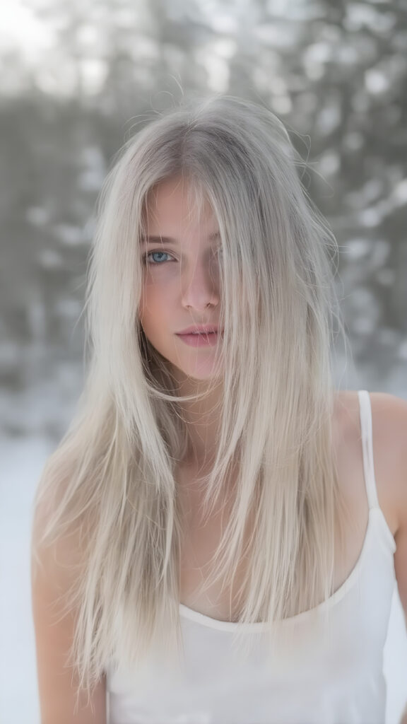 a girl with white soft long straight hair, white dressed in a tank top, in snow