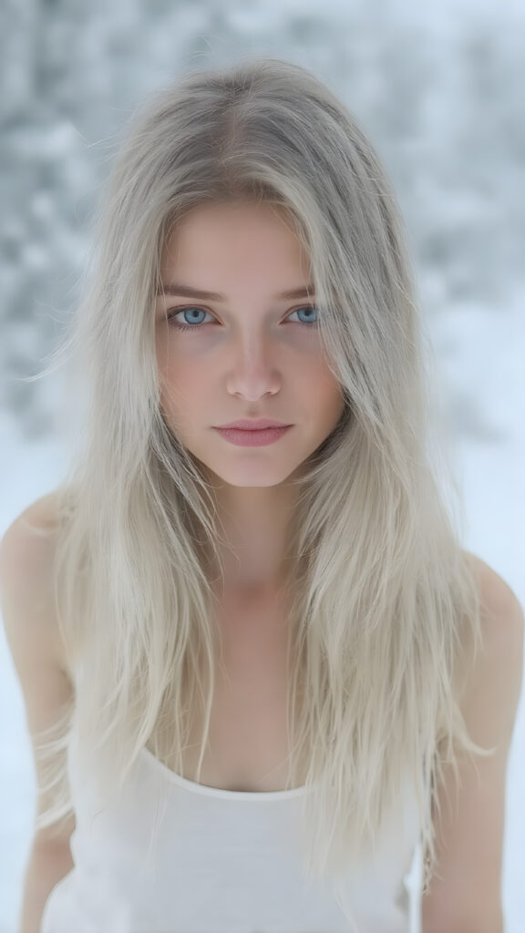 a girl with white soft long straight hair, white dressed in a tank top, in snow