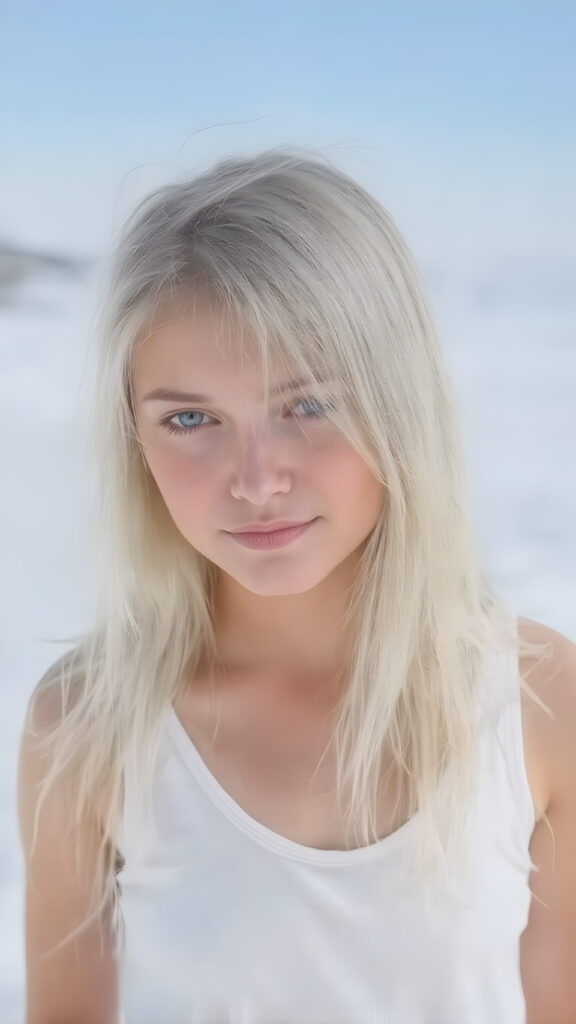 a girl with white soft long straight hair, white dressed in a tank top, in snow