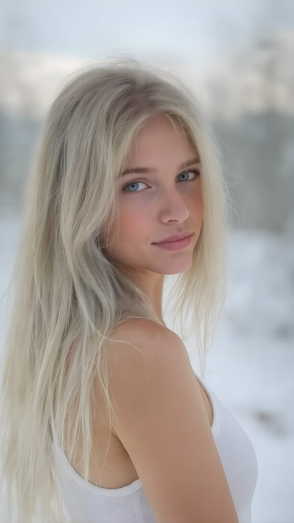 a girl with white soft long straight hair, white dressed in a tank top, in snow