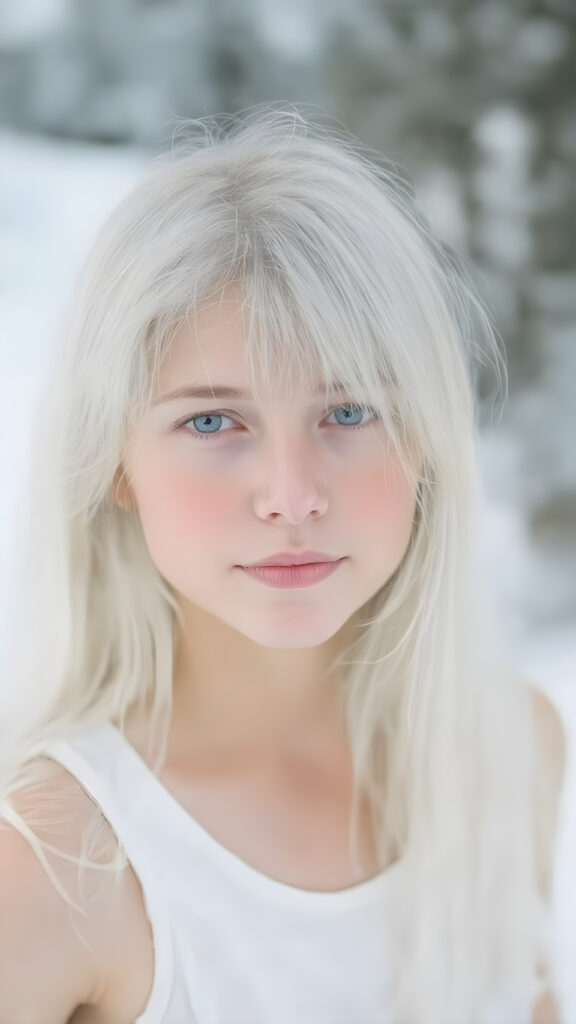 a girl with white soft long straight hair, white dressed in a tank top, in snow