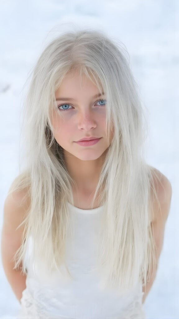 a girl with white soft long straight hair, white dressed in a tank top, in snow