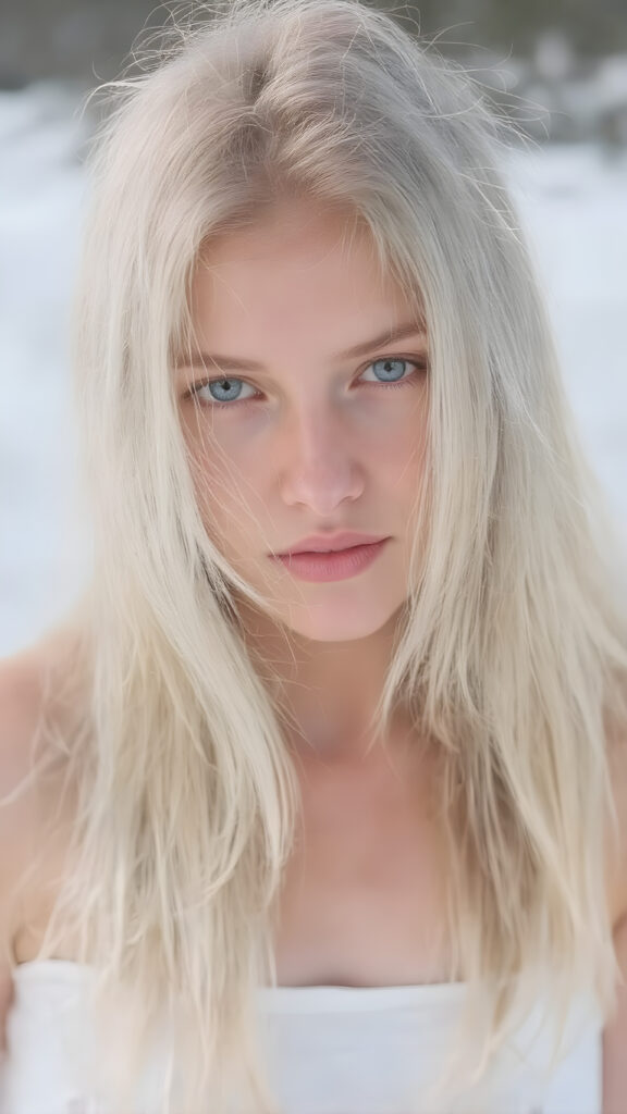 a girl with white soft long straight hair, white dressed in a tank top, in snow