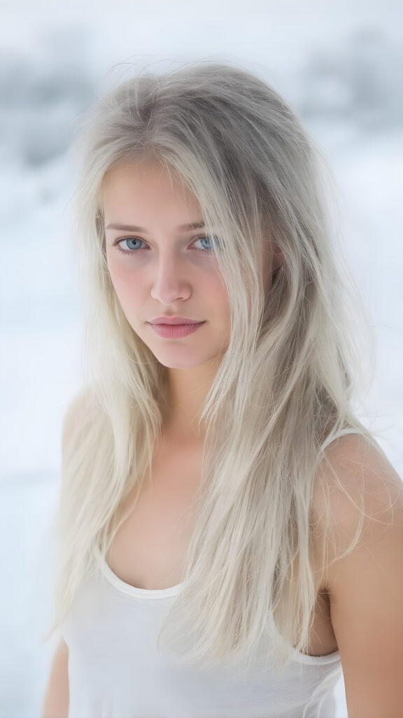 a girl with white soft long straight hair, white dressed in a tank top, in snow