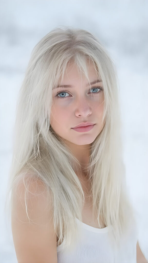 a girl with white soft long straight hair, white dressed in a tank top, in snow