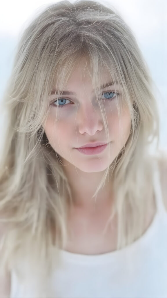 a girl with white soft long straight hair, white dressed in a tank top, in snow