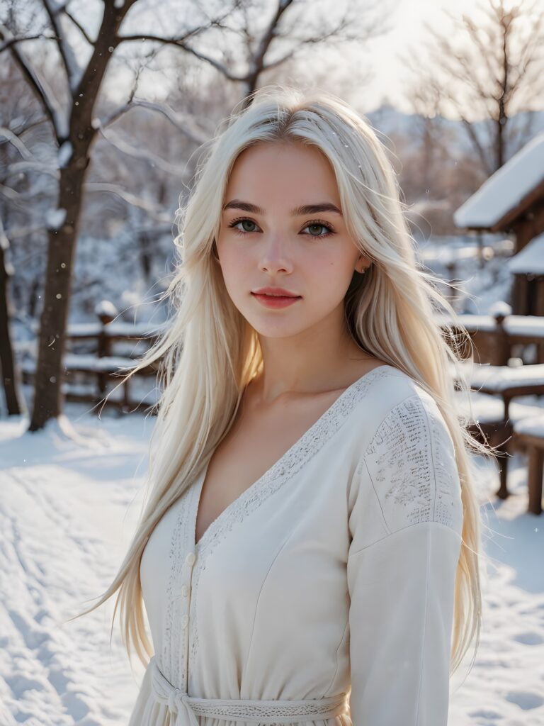 a girl with white soft long straight hair, white dressed, in snow