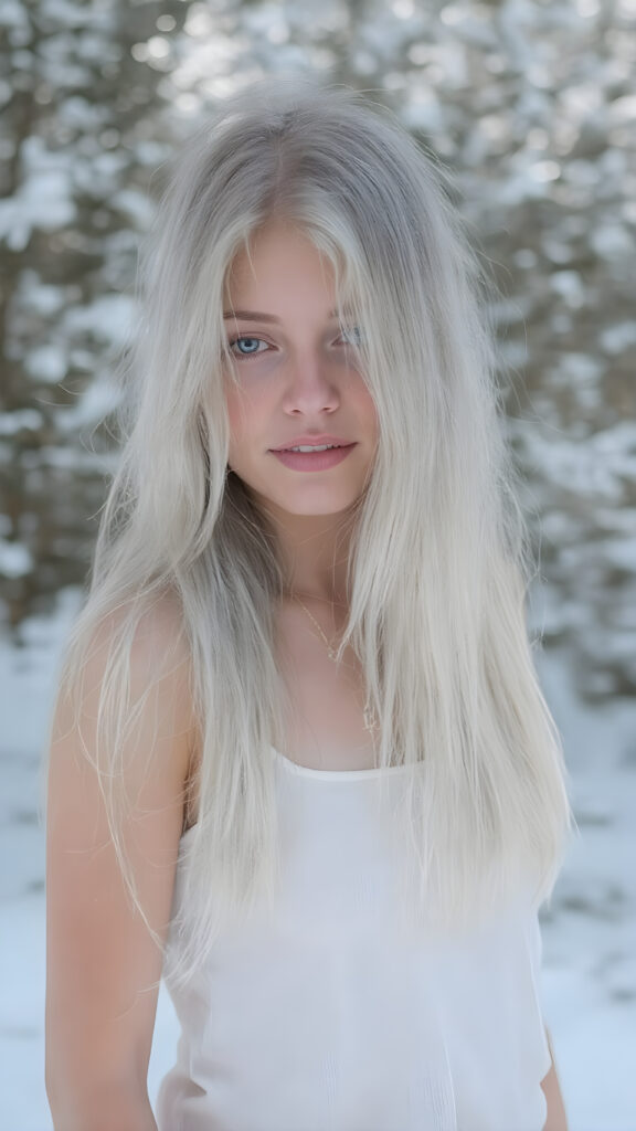 a girl with white soft long straight hair, white dressed in a tank top, in snow