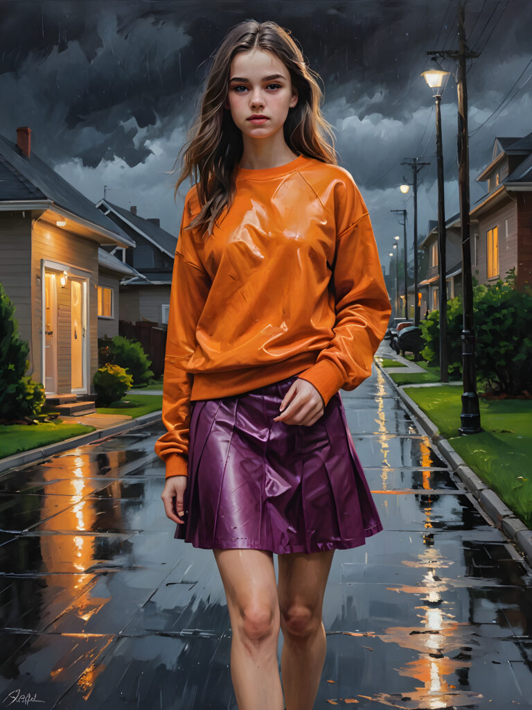 a gorgeous 19 year old teen girl wearing an orange satin sweatshirt and dark magenta black leather long skirt. Night rainy suburban landscape.