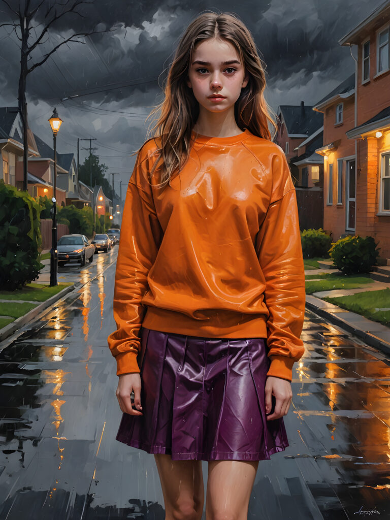 a gorgeous 19 year old teen girl wearing an orange satin sweatshirt and dark magenta black leather long skirt. Night rainy suburban landscape.