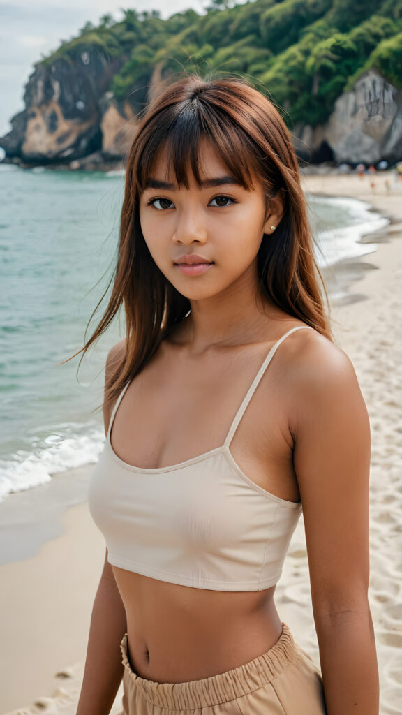 a gorgeous Indonesia teen girl (((brown-skinned, straight brown soft hair, bangs cut))) in a sleek, (((short crop top))), she has a perfect curved body, standing confidently with a powerful presence, as she leads the gaze of the viewer, against a backdrop of a (beach)