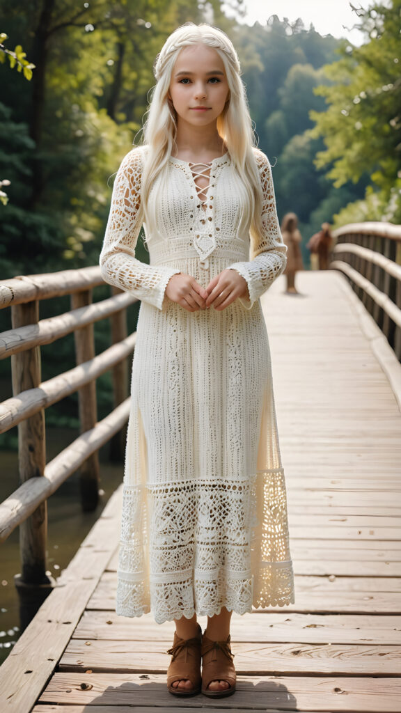 a (((gorgeous cute little teen girl))), with pale skin and (((very long, straight jet white hair))), dressed in a (((short tank drop in crochet dress style))), standing confidently on a (((tall wooden bridge))), surrounded by a (detailed, high-definition, realistic) backdrop of (beautiful, soft light)