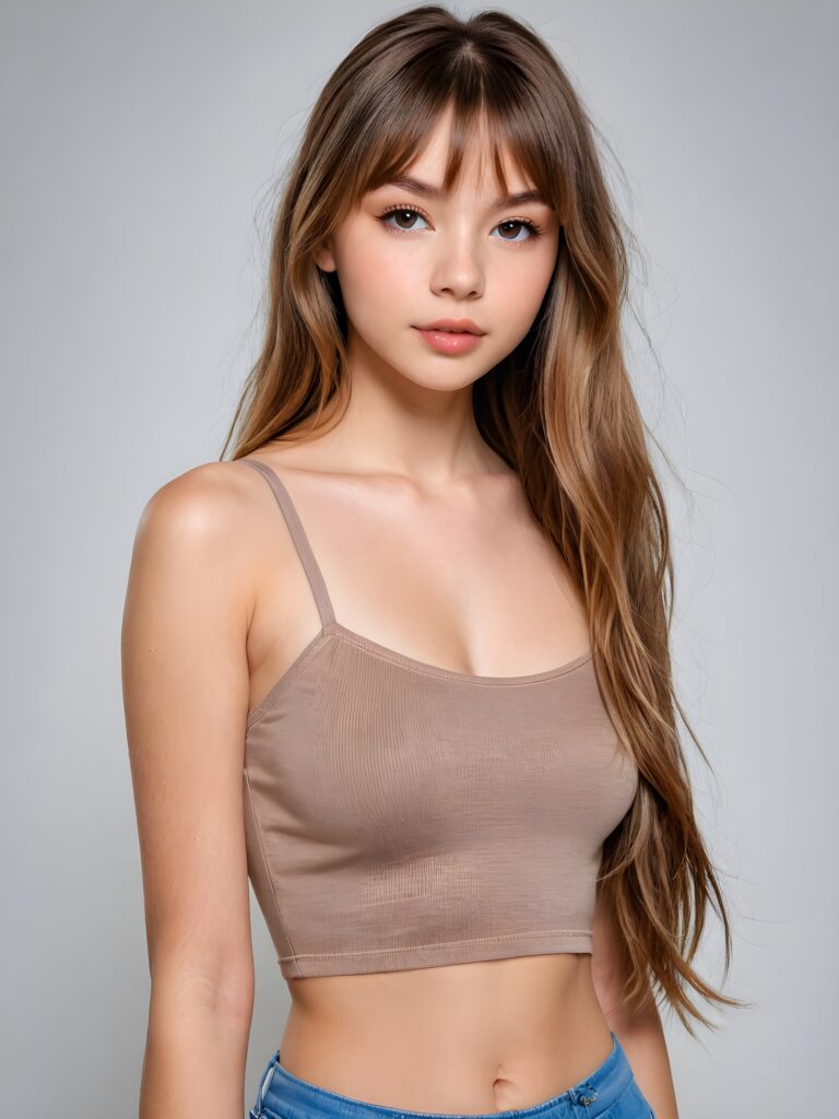 a (((gorgeous stunning cute young perfectly curved teen model girl, thin spaghetti cropped tank top))), 14 years ol, with (((light brown very long soft jet hair, bangs))), featuring (((full lips))), and a (((small flawless round face)))