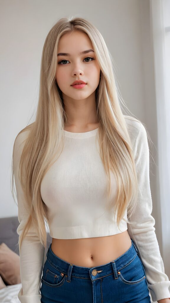 a (((gorgeous stunning young perfectly curved teen model girl))), with (((white straight very long soft hair))), featuring (((full lips))), and a (((small flawless round face))), with (((big round cheeks))), and a (((dreamlike beauty mark))), she wears a ((sleek and tight short crop top made of super fine wool)) and short jeans pants