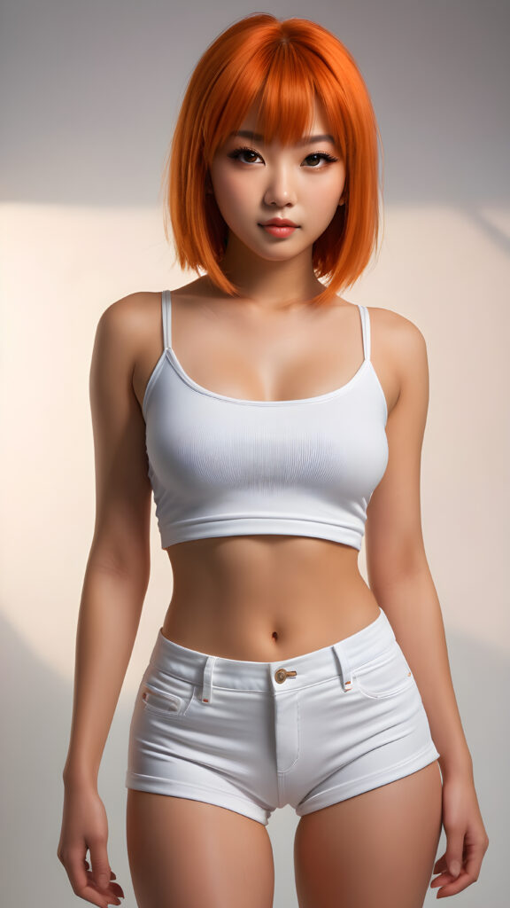 a gorgeous, ultra realistic (((Japanese female teen model))) in a full body shot, dressed in a form-fitting super low cut white crop top and round super short pants with sleek, detailed orange straight hair and perfect curved body. She has elegant styled bangs and realistic amber eyes that draw the viewer in. The image exudes an air of sophistication and cuteness, with a high level of detail that makes it a masterpiece. Captured at a high resolution with advanced lighting and shadow techniques, the scene oozes an aura of sophisticated beauty