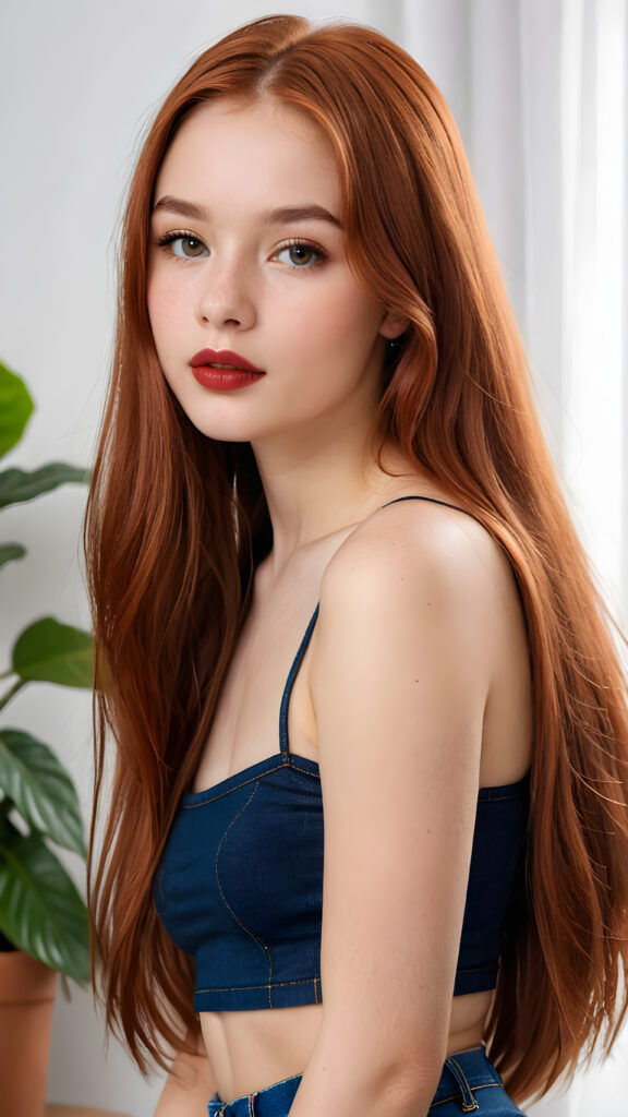 a (((gorgeous young teen model girl))), age 15, with (((copper-red straight very long soft hair))), featuring (((dark red lips))), and a (((small flawless face))), with (((big round cheeks))), and a (((dreamlike beauty mark))), she wears a ((sleek and tight crop top)) and short jeans pants