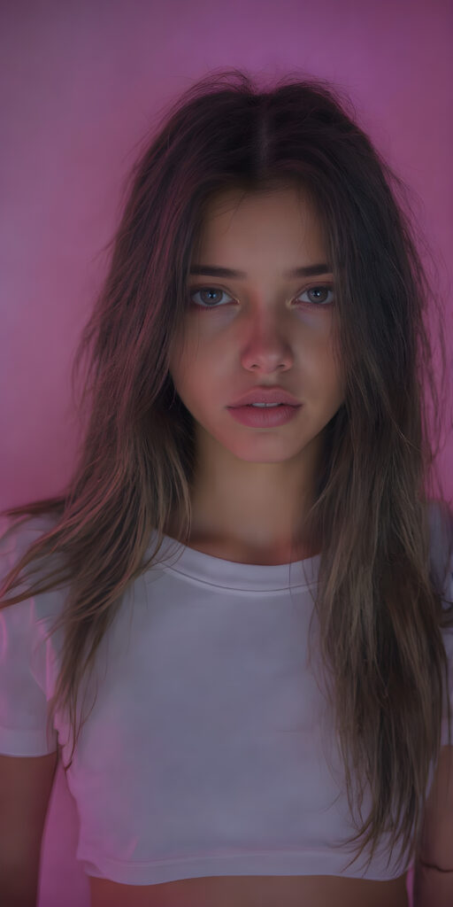 a (((gorgeous young brunette girl))), with (extremely long, soft wavy hair) that flows down in a (natural, silky cascade), and (pale skin) that gives off an ethereal glow, accompanied by (full, defined lips) painted in a (soft, natural hue) that complement the girl's features. She wears a (short, white t-shirt) that covers her front, paired with (realistic, flesh-toned legs) that match the girl's height, showcasing a (natural, healthy glow) for a truly (professional, high-quality photograph) that captures the essence of a (beautiful, young adult model)