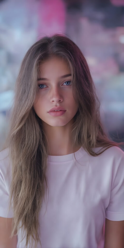 a (((gorgeous young brunette girl))), with (extremely long, soft wavy hair) that flows down in a (natural, silky cascade), and (pale skin) that gives off an ethereal glow, accompanied by (full, defined lips) painted in a (soft, natural hue) that complement the girl's features. She wears a (short, white t-shirt) that covers her front, paired with (realistic, flesh-toned legs) that match the girl's height, showcasing a (natural, healthy glow) for a truly (professional, high-quality photograph) that captures the essence of a (beautiful, young adult model)